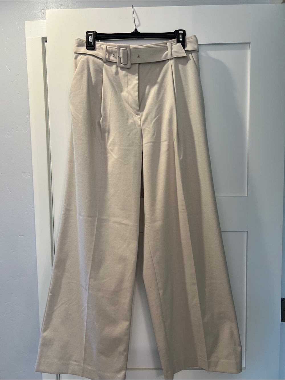 LOFT Cream Wide-Leg Belted Trousers